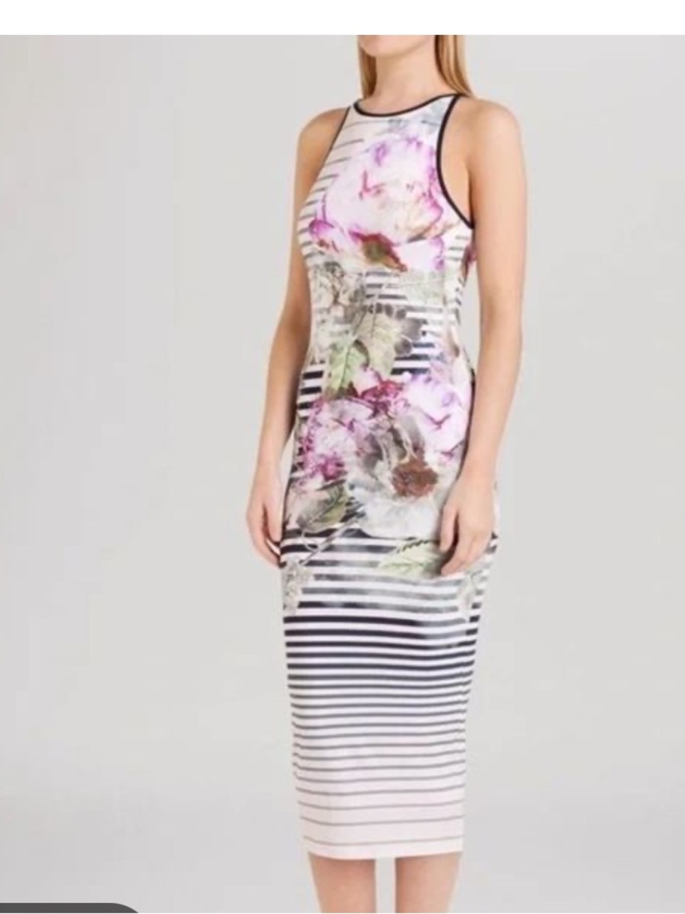 Ted Baker stretch laya peony Floral-Striped Midi Dress Sz small
